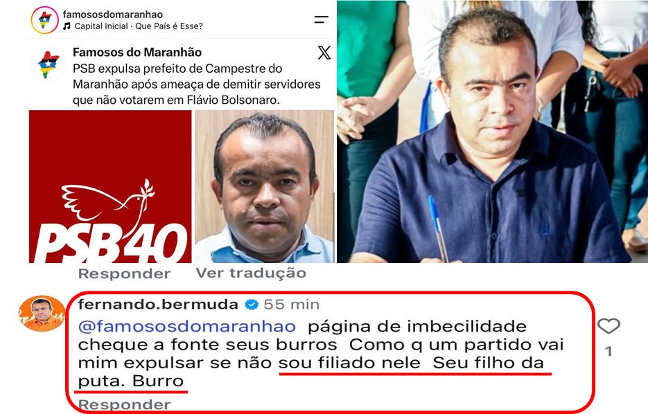Prefeito Fernando Bermuda perde a postura e ataca página após publicação sobre sua expulsão do PSB